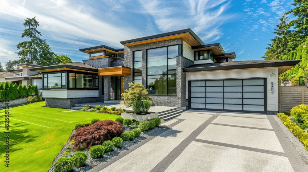 Exterior of a contemporary home with clean lines, a spacious driveway, and a beautifully manicured lawn Exterior of a contemporary home with clean lines, a spacious driveway, and a beautifully manicured lawn
