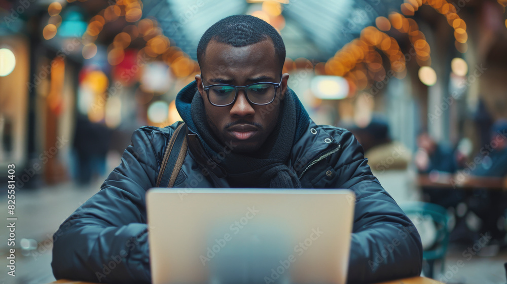A focused individual wearing glasses and a black jacket working on a laptop in an urban setting with illuminated decorative arches in the background. A focused individual wearing glasses and a black jacket working on a laptop in an urban setting with illuminated decorative arches in the background.