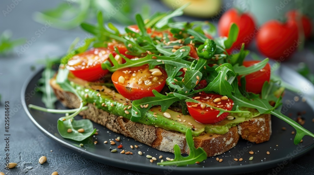 High-angle photo of an avocado toast platter with cherry tomatoes, arugula, and a sprinkle of seeds High-angle photo of an avocado toast platter with cherry tomatoes, arugula, and a sprinkle of seeds