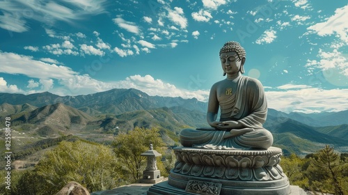 High-angle photo of a Buddha statue in a peaceful setting  with mountains and blue sky in the background