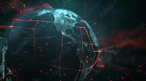 Digital representation of a global network with nodes and connections overlaying an outline of the continents, symbolizing internet connectivity and communication technology.