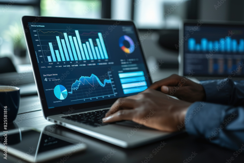 A person analyzes financial data charts on a laptop with a coffee cup nearby, suggesting a business environment focused on market or performance analytics. A person analyzes financial data charts on a laptop with a coffee cup nearby, suggesting a business environment focused on market or performance analytics.