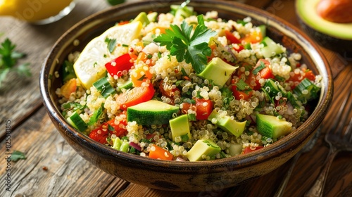 High-angle view of a colorful quinoa salad bowl with fresh veggies, avocado, and a lemon wedge on a wooden table