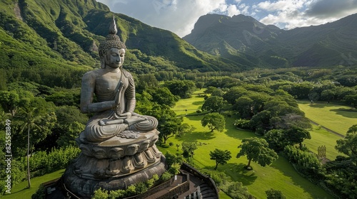 High-angle view of a large Buddha statue surrounded by lush greenery and scenic landscape photo