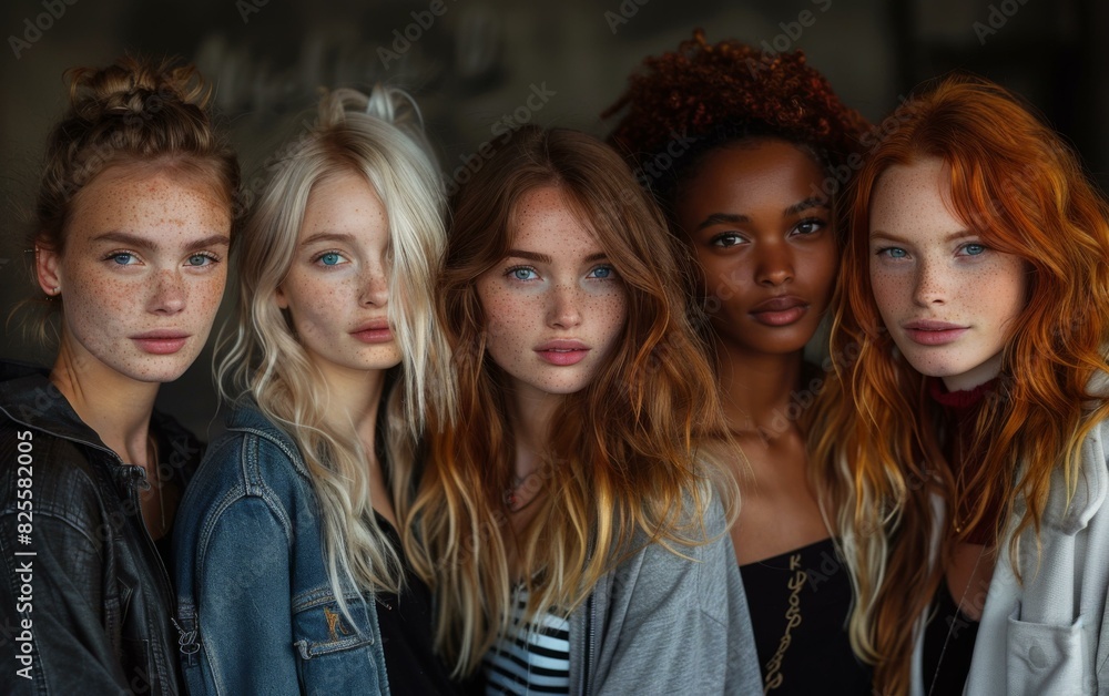 Fototapeta premium Portrait of five beautiful women with different hair colors and skin tones. AI.
