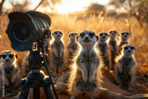 A group of curious meerkats standing on the ground and on a tripod, looking at the camera. AI. photo