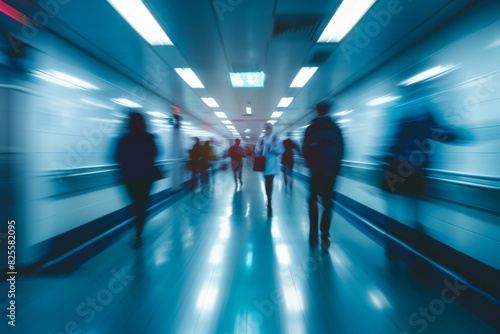 Blurred motion of people walking in a busy hospital corridor. AI.