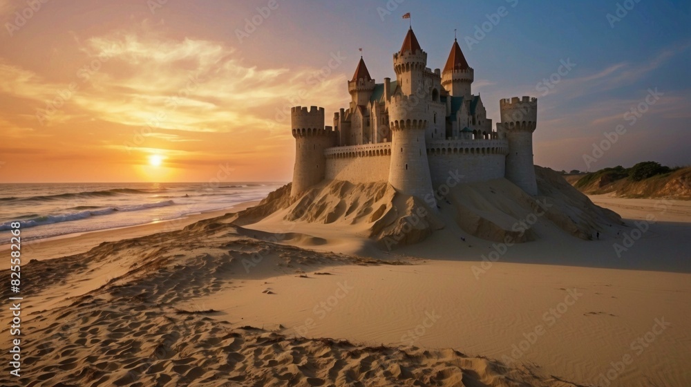 Obraz premium A sandcastle built on a beach at sunset. AI.