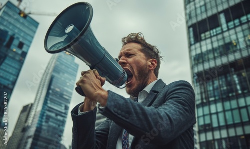 Man shouting through megaphone in front of skyscrapers. AI. © serg3d