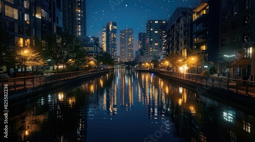 Nighttime reflections of illuminated buildings on a quiet river, creating a mirror-like effect