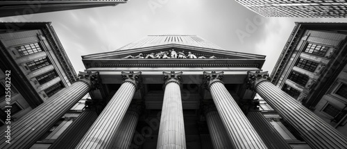 Impressive black and white facade of a classical building with ornate columns. AI. photo