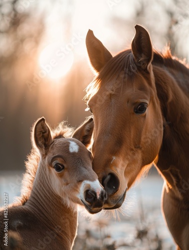 A beautiful mare and her foal. AI.