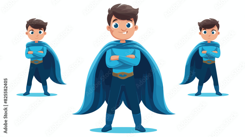 Little boy in blue superhero costume standing folde