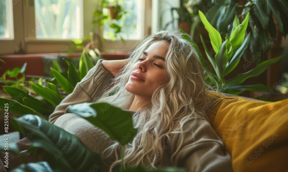 A young woman relaxing on a couch in a room full of plants. AI. A young woman relaxing on a couch in a room full of plants. AI.