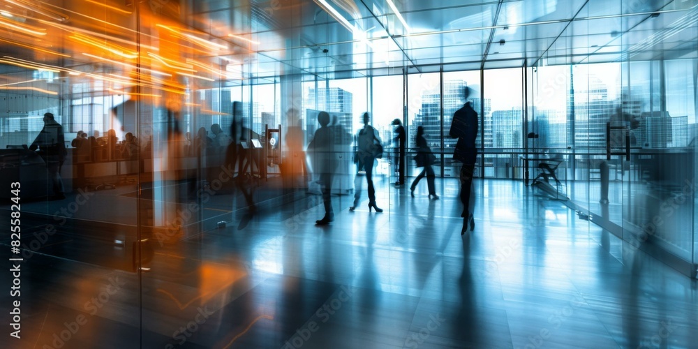 Abstract blurred image of business people walking in a modern office building. AI.