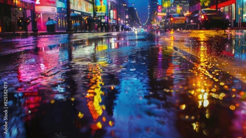 Rain-drenched street with colorful reflections  evoking a sense of calm and tranquility