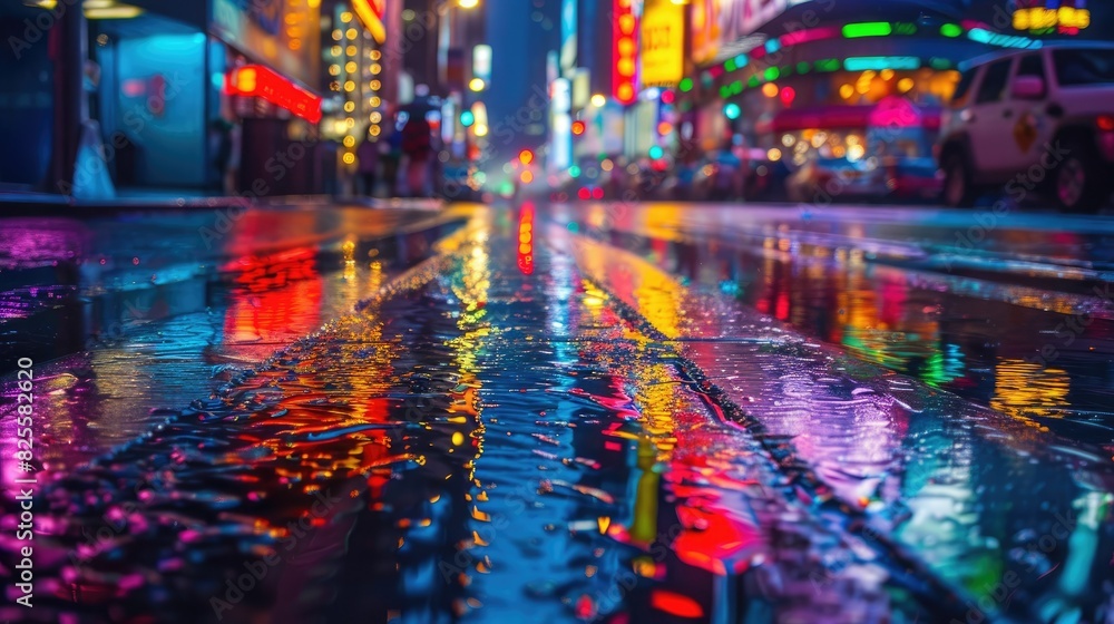 Reflections of colorful neon lights on wet streets during a rainy night in the city Reflections of colorful neon lights on wet streets during a rainy night in the city