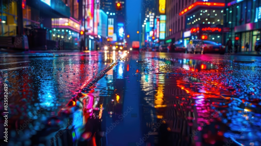 Reflections of colorful neon lights on wet streets during a rainy night in the city