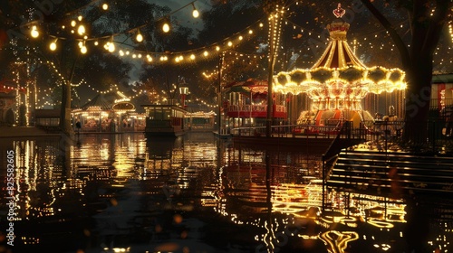 Reflections of a carnival s bright lights on a nearby pond  creating a festive night scene