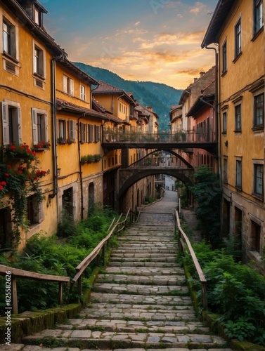 A narrow street with a steep staircase and a bridge in a small European town. AI.