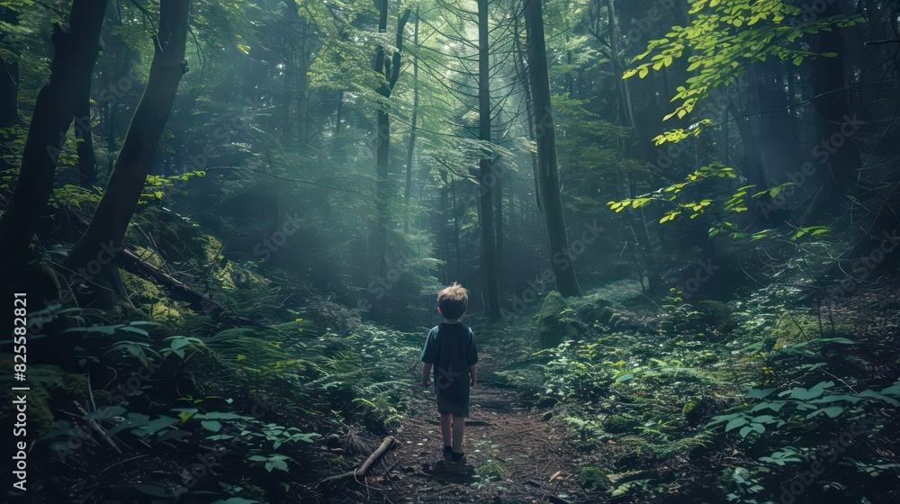 Obraz premium Child was lost in the forest. Little boy lost his way in the forest. A child walks through the green forest alone. Kid looks at into distance at green forest.