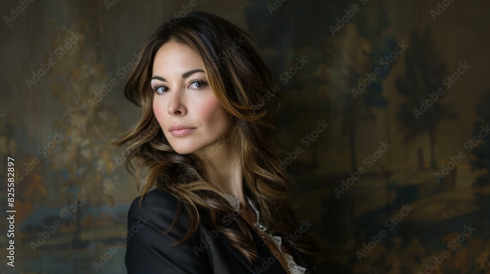 Portrait of a beautiful young woman with long brown hair wearing a black jacket. AI. Portrait of a beautiful young woman with long brown hair wearing a black jacket. AI.