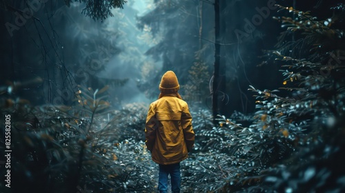 Child was lost in the forest. Little boy lost his way in the forest. A child walks through the green forest alone. Kid looks at into distance at green forest. © Ibad