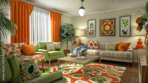 Living Room With A Retro 1970S Vibe, Featuring Bold Colors, Vintage Furniture, And Funky Patterns , Room Background Photos