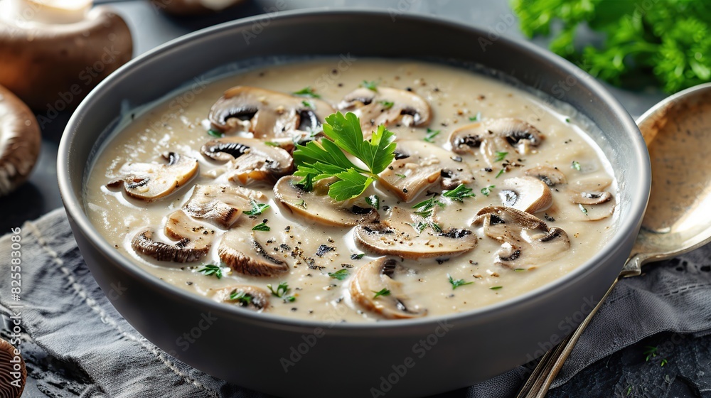 Cream Mushroom Soup in Bowl on Stone Background. Generative Ai Cream Mushroom Soup in Bowl on Stone Background. Generative Ai