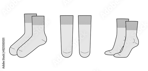Crew Socks length set. Fashion hosiery accessory clothing technical illustration. Vector front, side view for Men, women, unisex style, flat template CAD mockup sketch outline isolated on white 