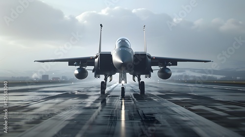 Front view of a military jet fighter on the runway, ready for takeoff.