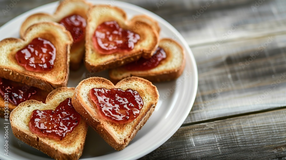 Crispy delicious toast in shape of hearts with jam on white plate. Generative Ai