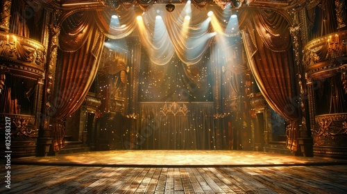 Stunning theater stage featuring exquisite decor, shimmering curtains, and a magical atmosphere