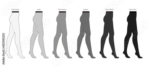 Set of different Den Denier Tights Pantyhose on legs - Ultra Sheer, Semi-Opaque, Mega Thick. Fashion accessory clothing technical illustration stocking. Vector side view for Men, women, flat template