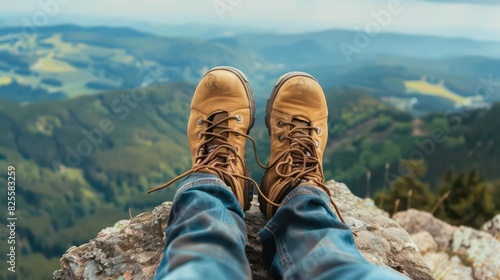 Close up of feet with hiking shoes from a man resting on top of a high hill or rock