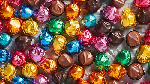 Close up view of vibrant and shiny assorted chocolates in various colors spread out. Generative AI