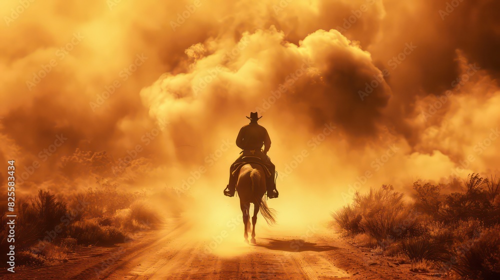 Fototapeta premium Cowboy rides a horse on a dusty road, old Wild West style