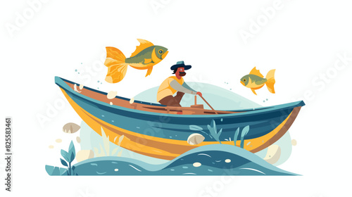 Lucky fisherman in boat catching tuna flat cartoon