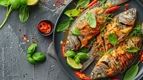 Top view of a plate of crispy fried gourami fish, garnished with fresh herbs and sliced chilies photo