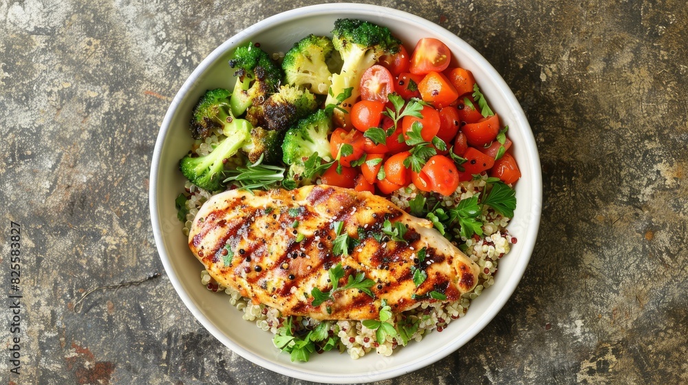 Top-down view of a neatly arranged plate of grilled chicken breast with steamed vegetables and quinoa Top-down view of a neatly arranged plate of grilled chicken breast with steamed vegetables and quinoa