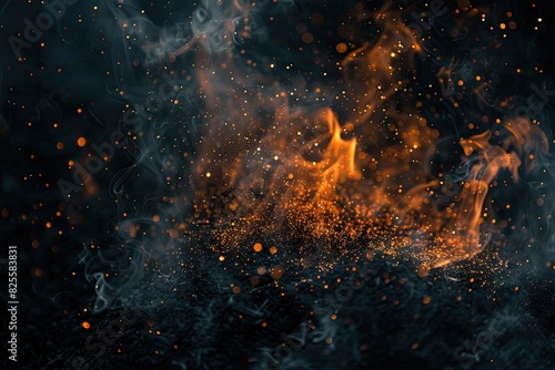 A black background with orange sparks and smoke. The image is a close up of the fire and smoke