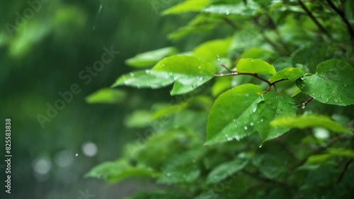Still life with rain showers. Soundscape with natural sounds, green leaves in the rain