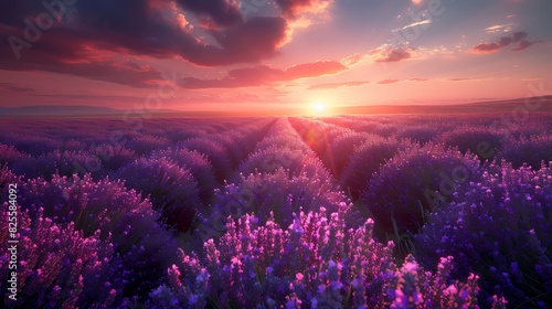 A beautiful lavender field in full bloom under a purple and pink sky at dusk.