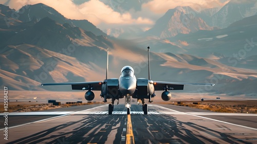 Front view of a military jet fighter on the runway, ready for takeoff.