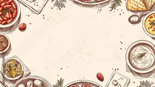 Middle eastern cuisine top view frame. Food menu design with manakeesh, kebab, dolma, shawarma, and shakshouka. Vintage hand drawn sketch vector illustration.