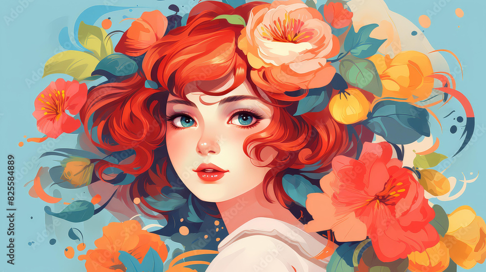 Vibrant chibistyle floral illustrations with vivid colors in a cartoony and stylized digital painting.