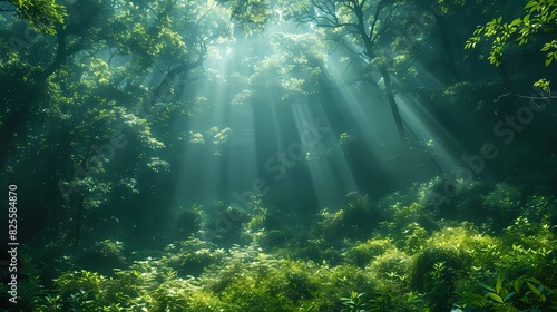 A lush green forest with sunlight filtering through the dense canopy  creating a magical glow on the forest floor.