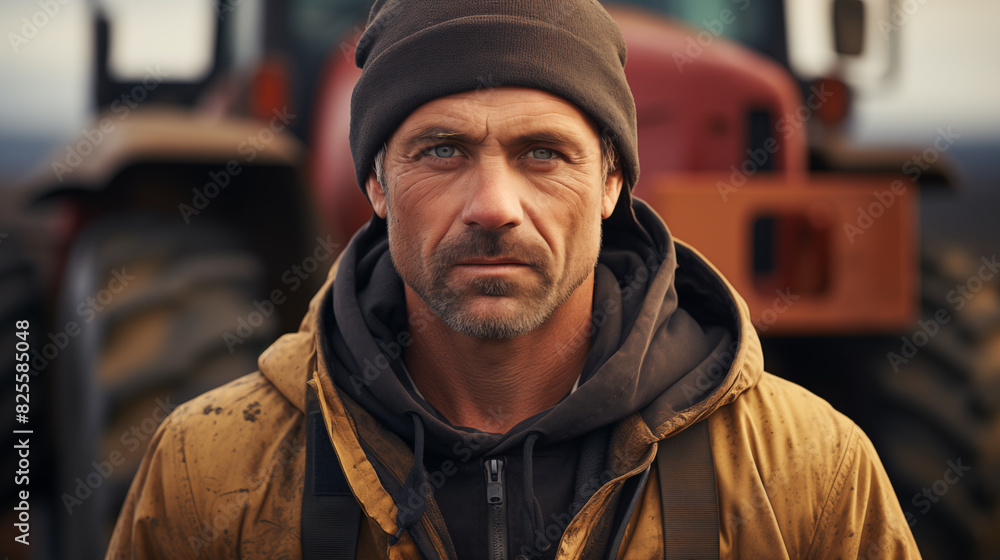 Portrait of a farmer against the background of a tractor.
Portrait of a farmer against the background of a tractor.