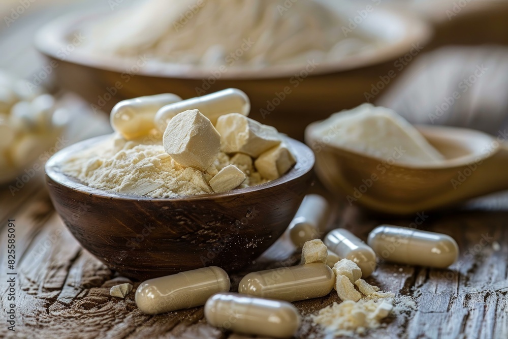 Collagen capsules and powder in wooden bowls, a health and beauty concept Collagen capsules and powder in wooden bowls, a health and beauty concept