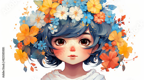 Vibrant chibistyle floral illustrations with vivid colors in a cartoony and stylized digital painting. photo